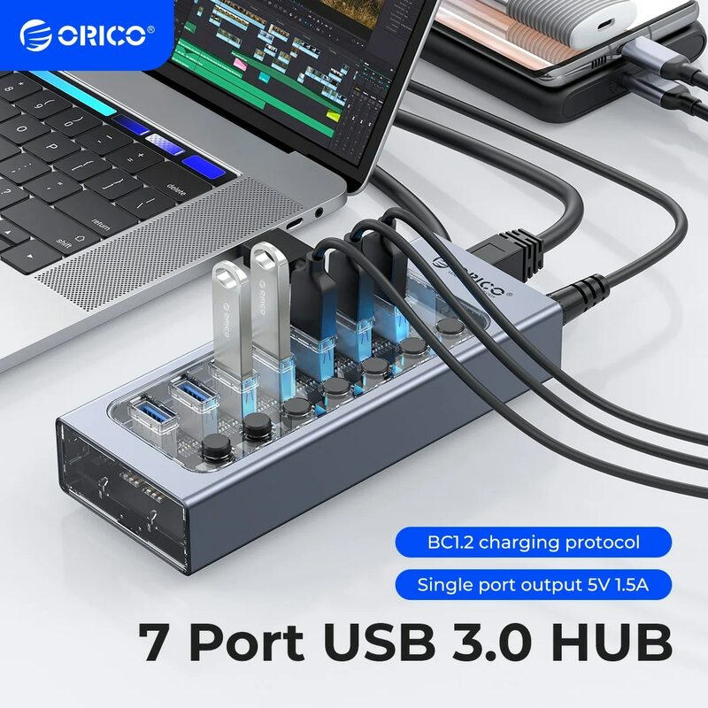 ORICO-interruptor divisor de 7 puertos con adaptador de corriente de 12v para Macbook, teléfono móvil y tabletas, Hub Industrial de aluminio, USB3.0
