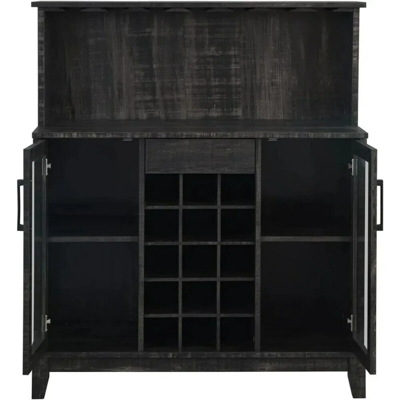 Home Source Bar Cabinet with Wine Rack and Glass Doors in Charcoal Finish