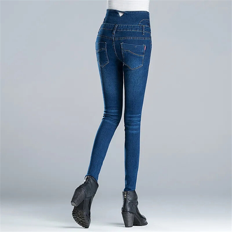 Superhoge Taille Dikke Skinny Jeans Oversized 95Kg Denim Potlood Broek Winter Plus Fluwelen Vaqueros Slanke Stretch Warme Broek