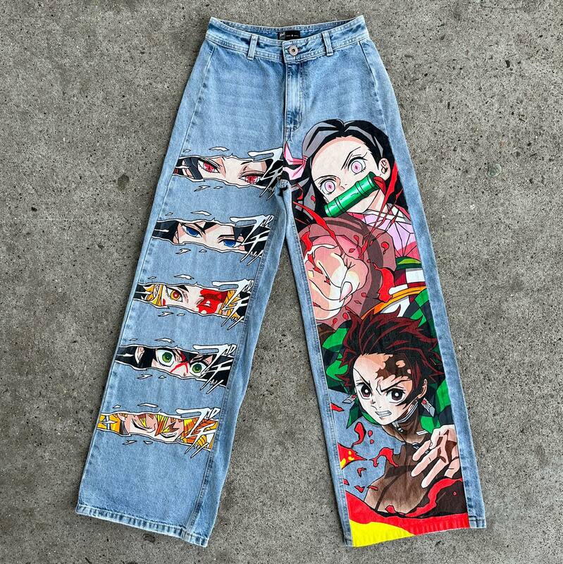 Jeans Anime de perna larga masculino, moda streetwear skate, jeans Y2K, calça de casal de cintura alta estilo Harajuku, nova