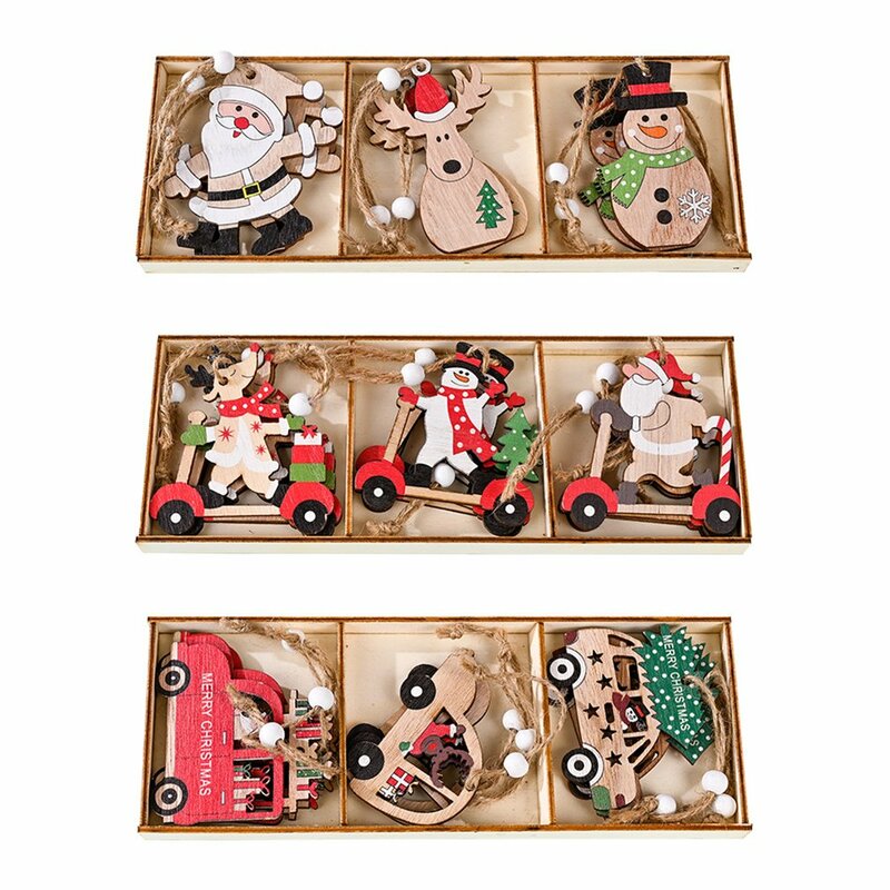 Hot 9pcs Christmas Car Wooden Pendants Xmas Tree Hanging Ornaments Christmas Decorations for Home Kids Gift Noel Navidad Decor