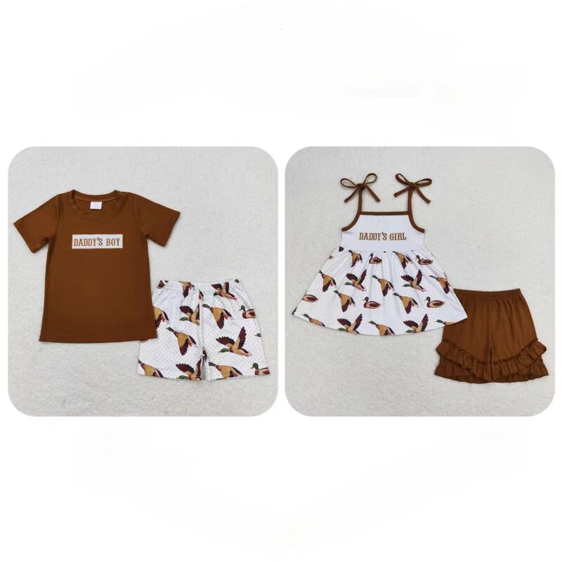 Conjunto de algodón con bordado para niño y niña, pantalones cortos, color marrón, ideal para el Día del Padre, venta al por mayor