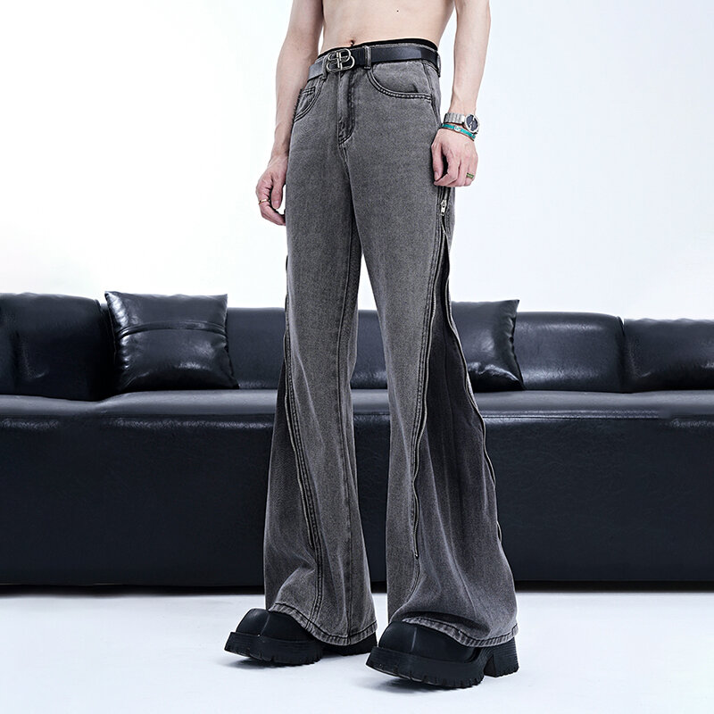 FEWQ-pantalones vaqueros de estilo americano para hombre, pantalón informal con cremallera y campana, Color sólido, 24x9075, verano 2024