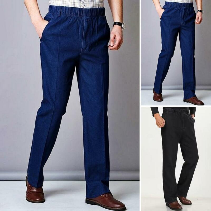 Flexible Men Pants Mid-aged Father's Slim Fit Elastic Waist Jeans with High Waist Pockets Ankle-length Design for Casual Comfort