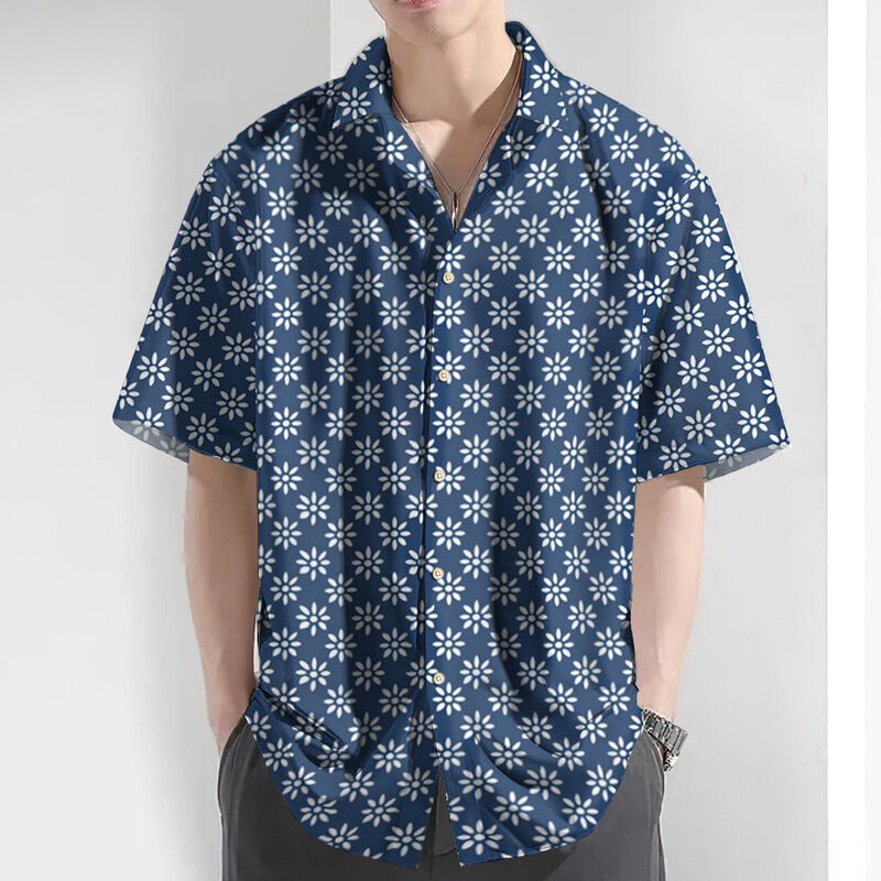 Рубашка мужская с короткими рукавами, простая пляжная Повседневная Свободная футболка с принтом маленькой иконы, гавайская кофта, большие размеры, лето