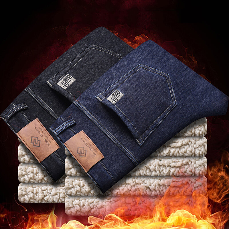 Осенне-зимние мужские классические флисовые джинсы, мужские деловые модные повседневные облегающие эластичные брюки из овечьей шерсти, зимние теплые термобрюки