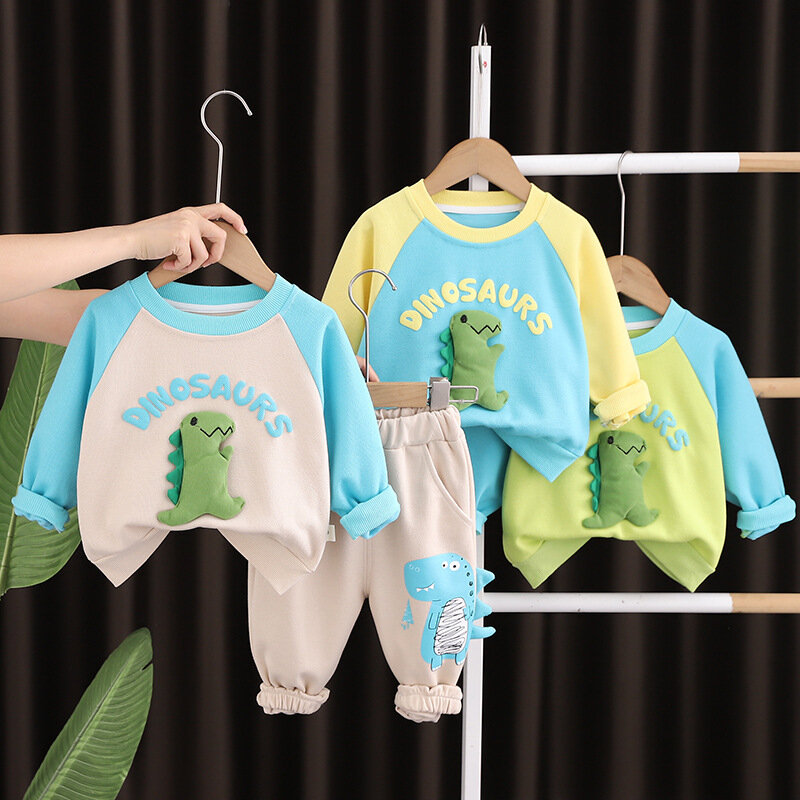 Baby Luxury Designer Girl Boy Outfit Set Clothes for Kids Cartoon Dinosaur O-neck Pullover Long Sleeve T-shirts and Pants Suits