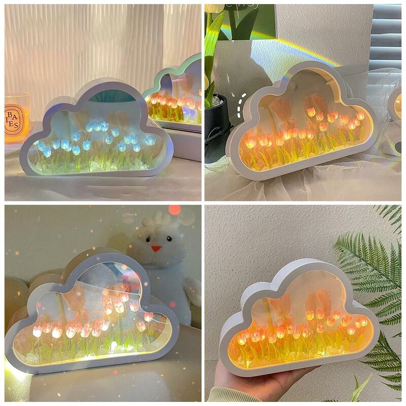 Handmade Cloud-Shaped Night Light, DIY Tulipa, pequeno espelho, DesktopLight-Emitting Ornamentos, Presentes Criativos