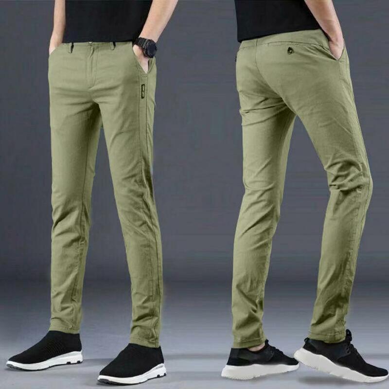 Pantalones ajustados con bolsillos para hombre, tela transpirable suave, diseño de cintura media, moda sólida, primavera y otoño