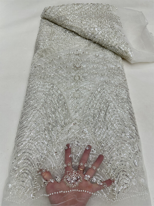 Tela de red de tul bordada hecha a mano con cuentas, lentejuelas francesas de lujo, encaje de malla, vestido de fiesta de boda de noche, dorado y moderno