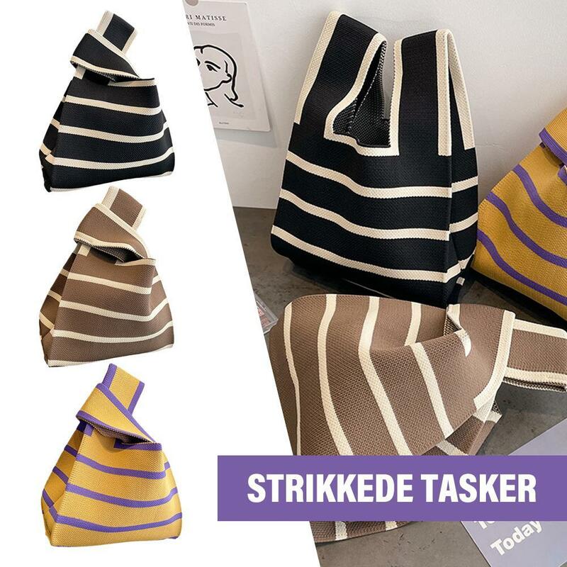 1pcs Wide Striped Handmade Knitted Handbag Minimalist Korean Women Mini Knot Wrist Bag Tote Bag Student Reusable Shopping Bags