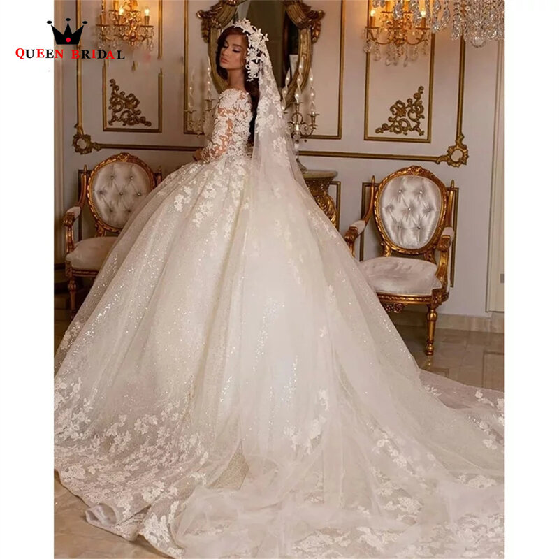 Custom Made luksusowe suknie ślubne suknia balowa 3 4 rękaw tiul koronka kryształ zroszony eleganckie formalne suknie ślubne SD19