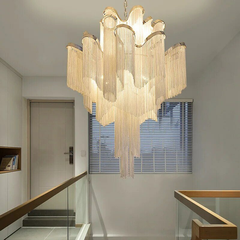 Itália Designer Stream Luxo Tassel Chandelier Alumínio Cadeia Sala Duplex Loft Villa LED Casa Decoração Luminárias