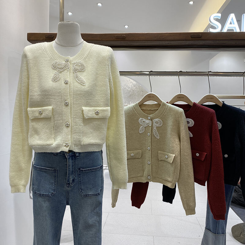 Miiiix-Casaco de malha comprida feminino, design francês, suéter com arco de sentimento, jaqueta curta, solta e quente, inverno, novo, 2022