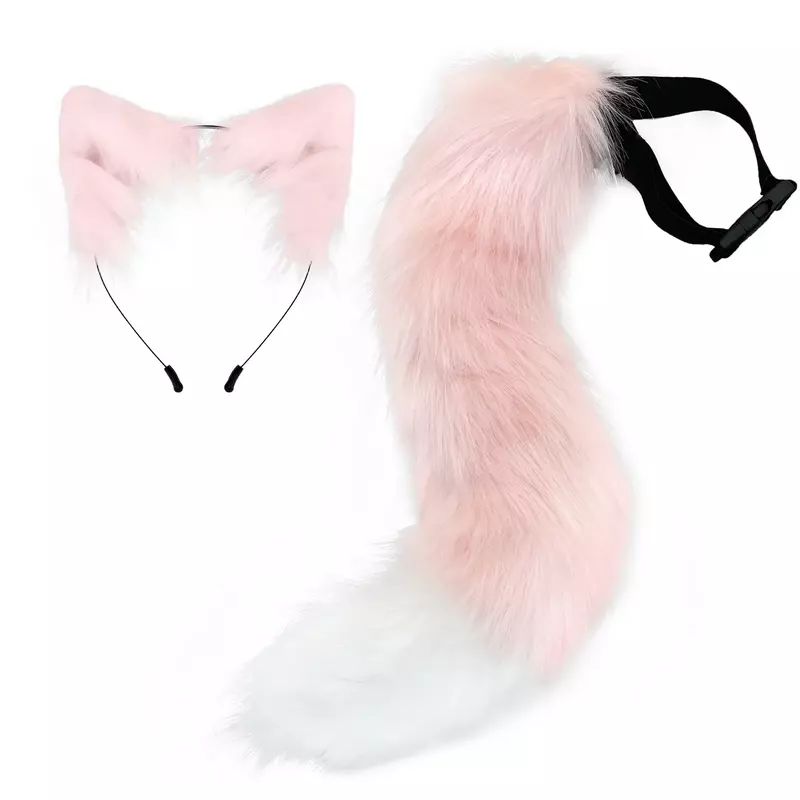 Animal tail Cat's ears (Steamed cat-ear shaped bread) headdress, Halloween simulation pink fox plush tail clothing accessories,
