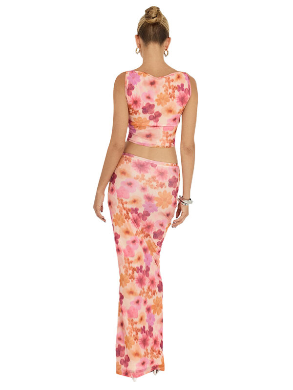 Conjunto de saia feminina com estampa floral de 2 peças, top cortado, saia maxi dividida, roupas longas de verão, streetwear Y2K, para fora