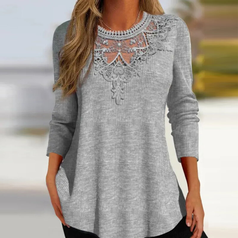 Plus Size Women Long Sleeve Scoop Neck Solid Lace Tops