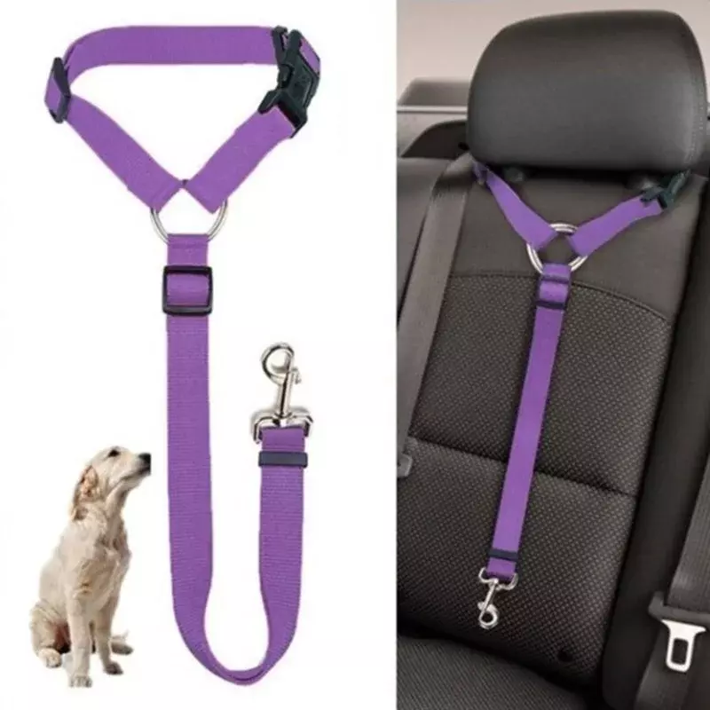 Cinturón de seguridad de coche para mascotas, correa de plomo de nailon, cinturón de seguridad de asiento trasero, Collar de arnés ajustable para perros, accesorios para mascotas, Color sólido, 2 en 1