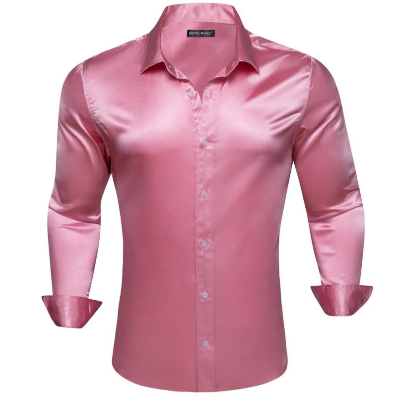 Luksusowe jedwabne męskie koszule merceryzowane solidna satynowa srebrna różowa rękaw Casual elegancka typu Slim dopasowane męskie bluzki top Barry Wang