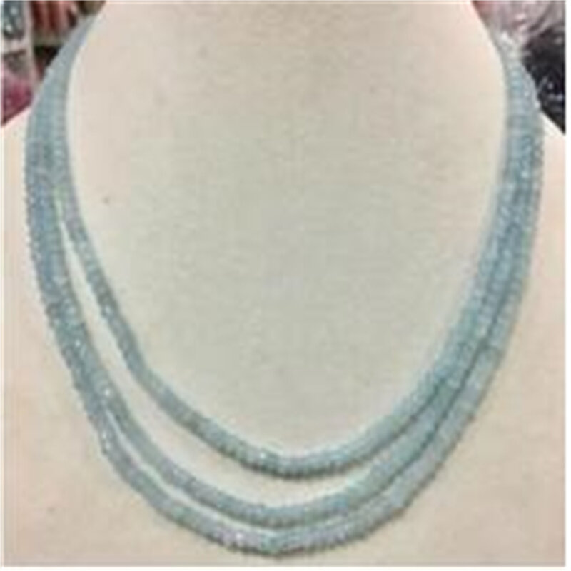 Collier de perles rondes en aigue-marine naturelle, 3 rangées, 2x4mm, pour le visage, 17-19 pouces