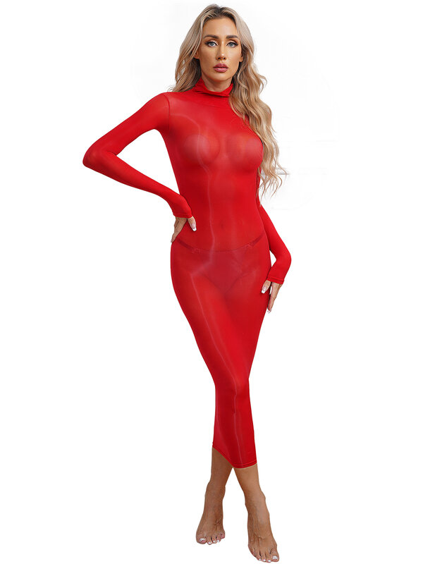 2024 Womens See Through tinta unita Sexy Lingerie Dress Nightwear High elasticizzato manica lunga o senza maniche abiti aderenti lucidi