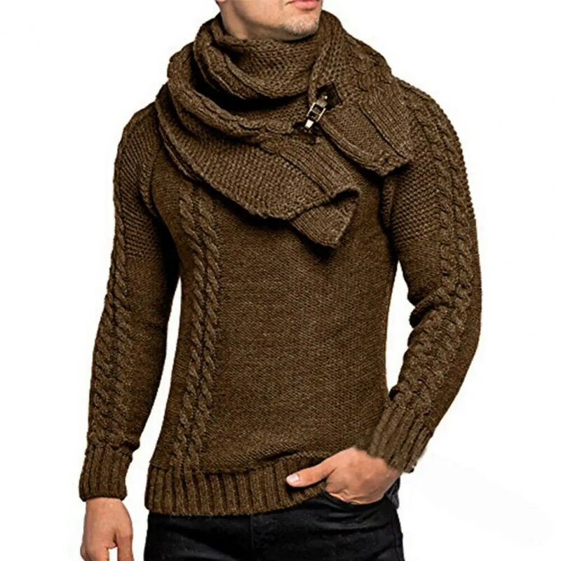 Twist Ribbed Cuffs Winter Men Sweater Scarf Detachable Leather Buckle Bib Pullover Thicken Vintage Men Sweater Knitted Sweater