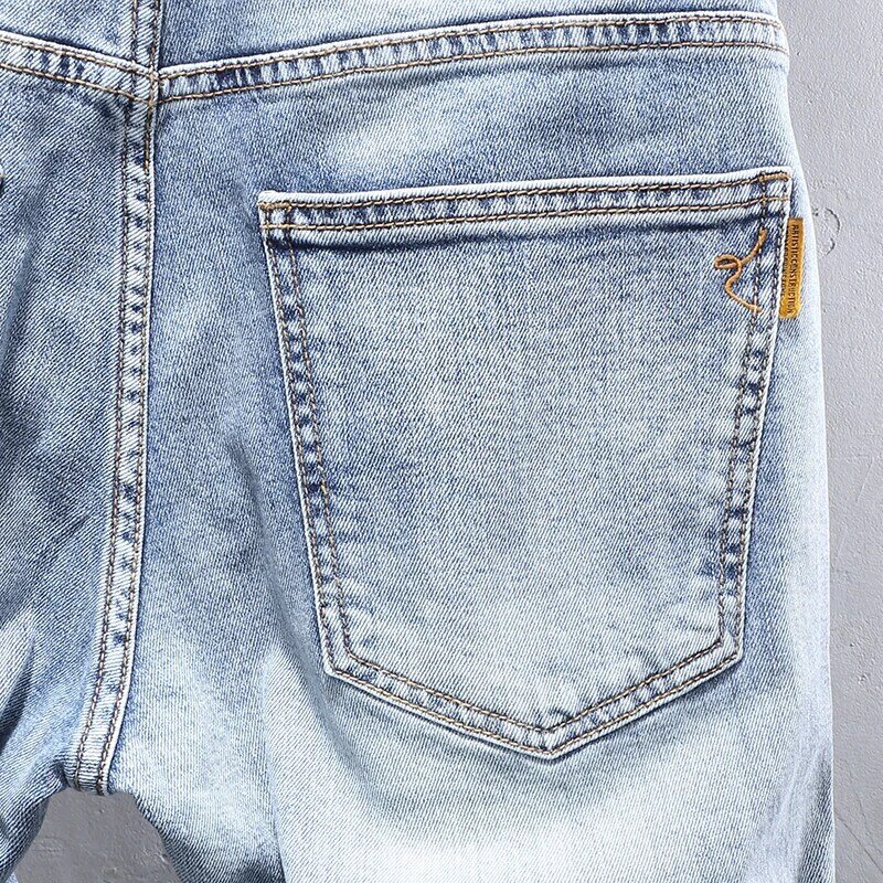 Korean Style Fashion Men Jeans High Quality Retro Light Blue Elastic Slim Fit Embroidery Designer Jeans Men Vintage Denim Pants