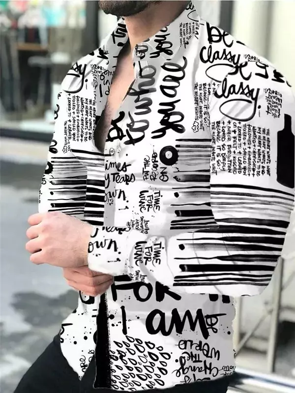 Newspaper Text Art Fashion Luxury Party Evening Dress Shirt Lapel Button Down Shirt Casual Print Long Sleeve Top Men Sweater