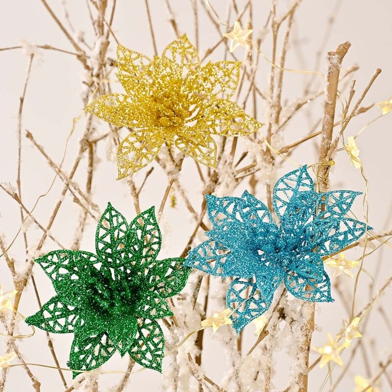 6 個のクリスマスグリッターフラワー装飾造花クリスマスリースツリーオーナメント DIY ホリデーデコレーション