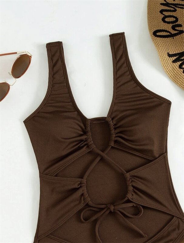 2 pezzi marrone costume da bagno da donna intimo + Mini abito corto Summer Beach Holiday Sexy Hollow Casual Daily Hot Girl Streetwear