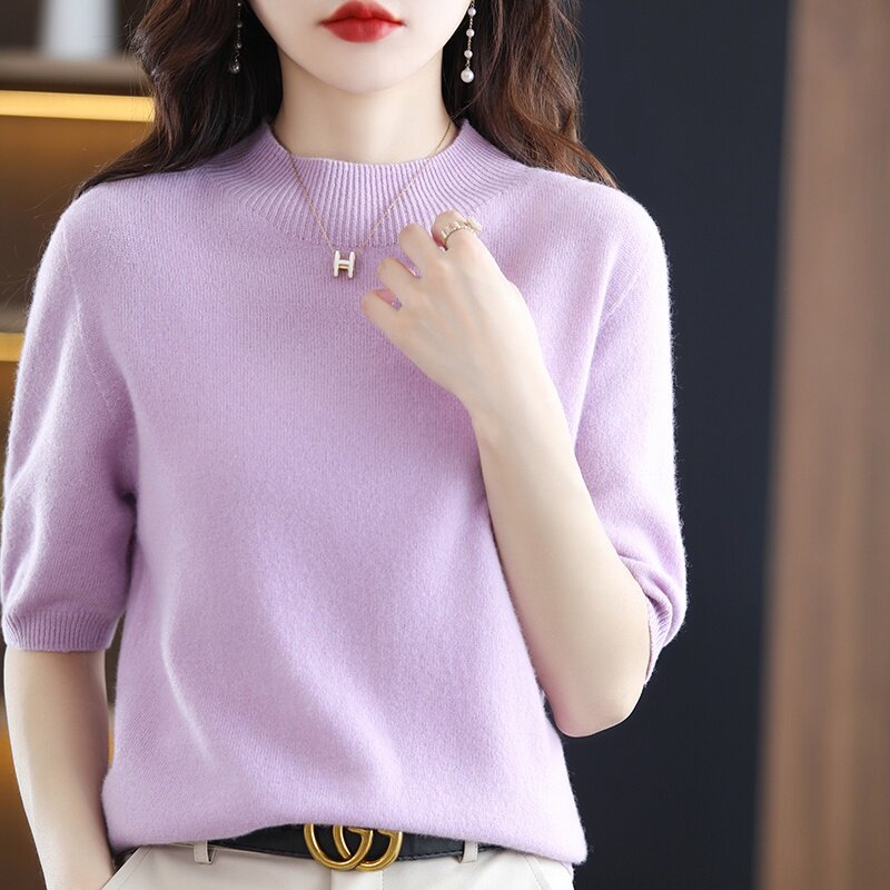 Damski krótki rękaw bez szwu kaszmirowy sweter z dzianiny 100% czystej wełny 2022 wiosna pół rękawa mody koreański odzieży sweter