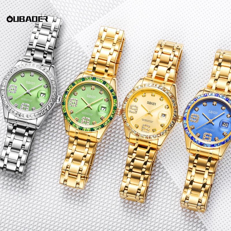 OUBAOER jam tangan kuarsa wanita 2023, arloji Fashion mewah baja tahan karat sederhana tahan air bercahaya