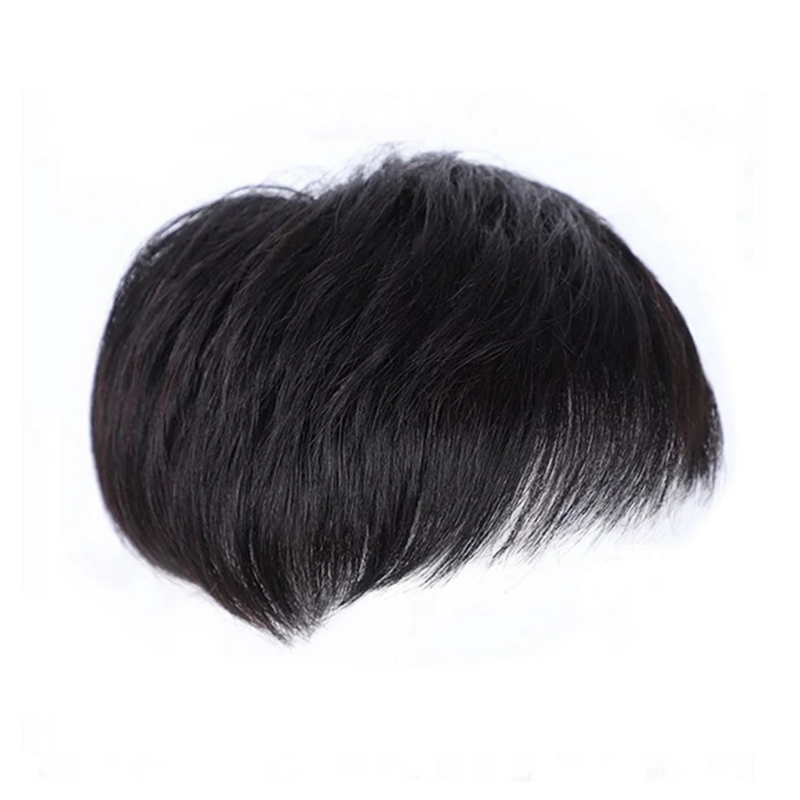 Pelucas cortas negras naturales para hombres, cabello liso con Clip, tupé, parte superior de la cabeza, pelucas de repuesto (B)