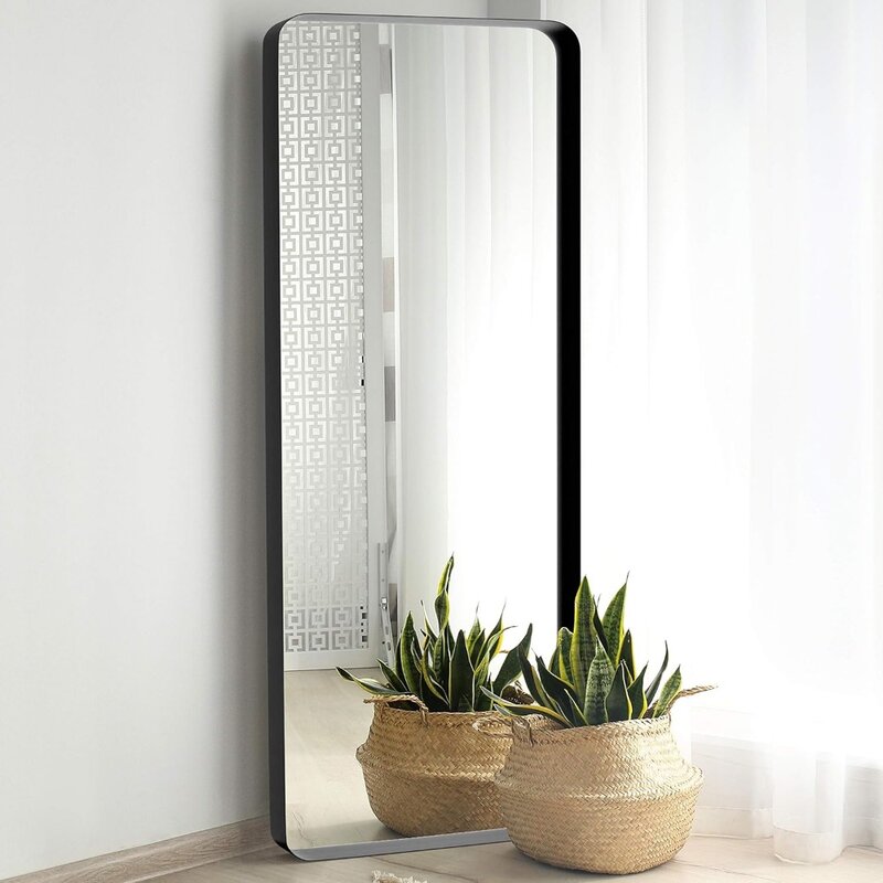 مرآة أرضية مدمجة لكامل الجسم ، مرآة كبيرة مائلة ، مناسبة لغرف النوم أو الحمام ، سهلة التركيب