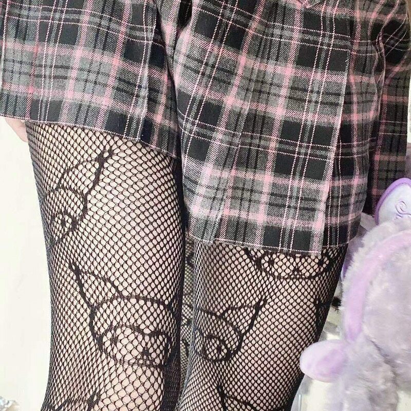 Legging Wanita Ketat Gotik Stoking Jaring Berongga Lolita Pantyhose Renda Bawah Jepang Stoking Hitam Rotan Bunga