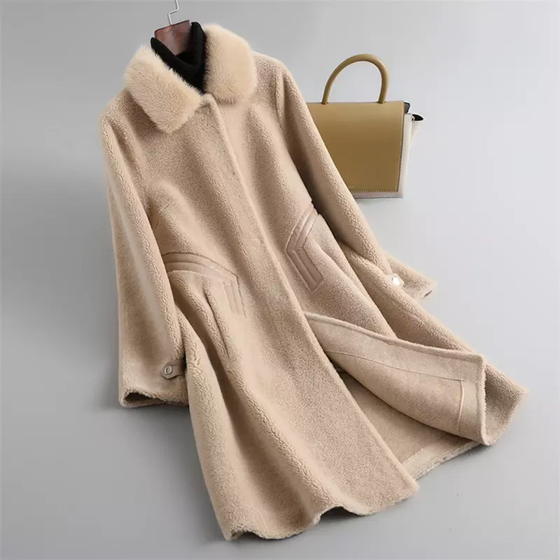 Aorice Women Real Wool Long Fur Coat parka New Winter Warm Female Mink Collar Jackets  CT1126