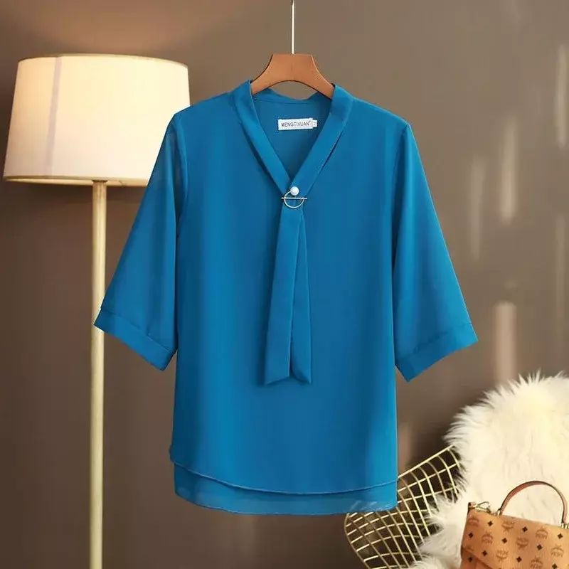 Ponadgabarytowych kobiet lato szyfonowa bluzka koszula solidna bluza z wycięciem w serek moda M-5XL kobiety odzież Casual rękawy trzy czwarte koszula