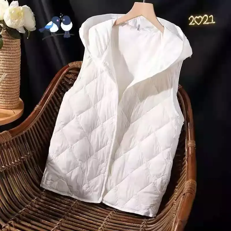Женский пуховой жилет без рукавов, белая стеганая куртка с капюшоном на осень и зиму, 2023