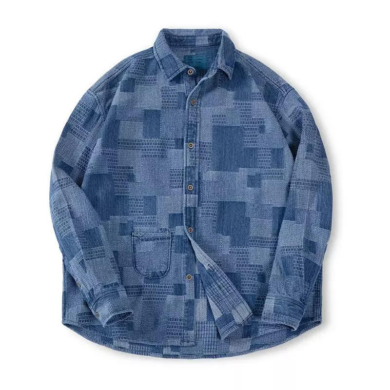 Camisa boro denim retro japonesa para homens, patchwork jacquard, com botão baixo, manga longa, feita, 2200 a 23USD