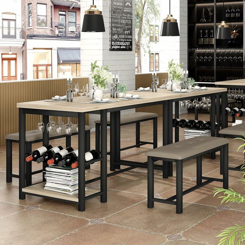 Set meja makan untuk 2-4, Meja dapur kecil dengan rak anggur & rak penyimpanan & tempat kaca anggur, meja makan kamar