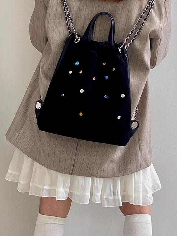 New Chain Design Casual Backpack Leather Fashion for Women Rhinestones Large Capacity Chain Black Travel rivet Drawstring Bag