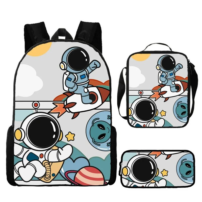 Cartoon Astronaut Spaceman 3 Stück Schult asche Set Kinder Jungen Mädchen Rucksack Student Buch Tasche Lunch Bag Bleistift Tasche Teenager Rucksack