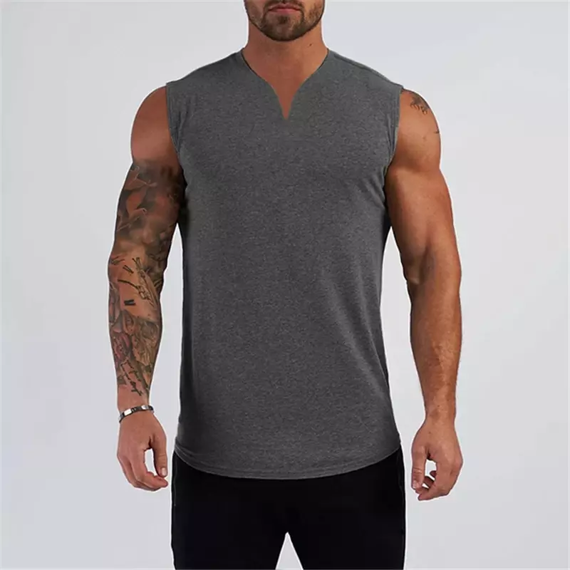 Gym Clothing V Neck Cotton Bodybuilding Tank Top Mens Workout Sleeveless Shirt Fitness Sportswear Running Vests Muscle Singlets