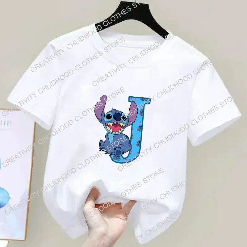 T-shirt Stitch anak-anak kaus Anime lucu kombinasi nama A B C D pakaian kasual kartun kaus anak perempuan anak laki-laki atasan