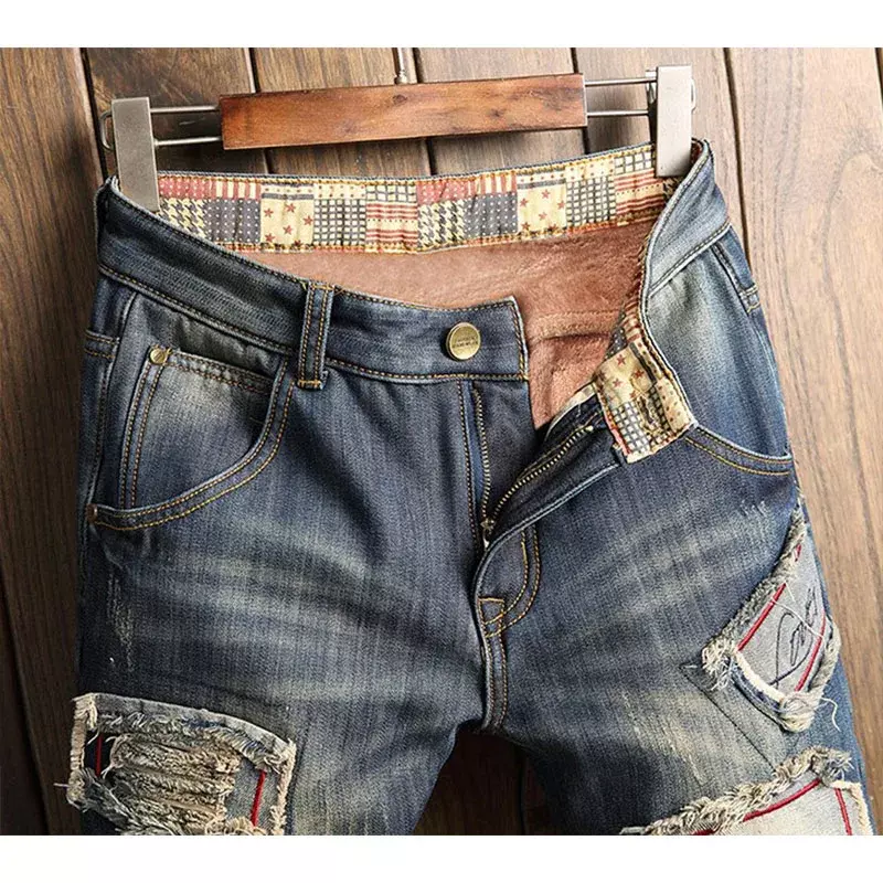 Pantalones vaqueros gruesos y cálidos para hombre, Jeans térmicos rectos de talla grande, diseño de retazos rasgados, informales, Hip Hop, Invierno
