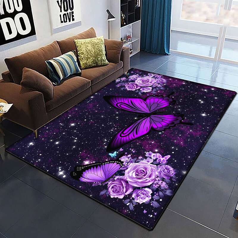 Karpet Motif Bunga Ungu Cantik Karpet Kupu-kupu Modern untuk Ruang Tamu Kamar Tidur Karpet Samping Tempat Tidur Karpet Lantai Lorong Non-slip