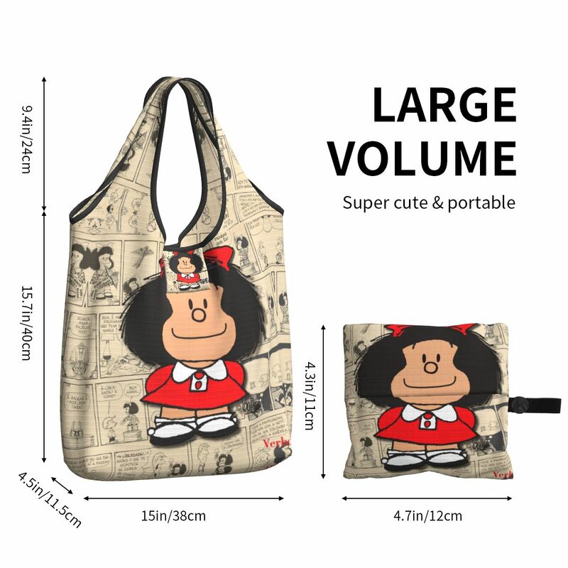 Vintage Mafalda Manga Grocery Shopping Bags Kawaii Shopper Tote borse a tracolla grande capacità portatile Quino Comic Cartoon Handbag