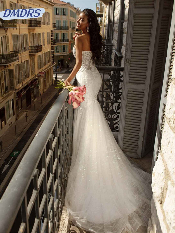 Encantador sereia vestidos nupciais, vestido de casamento sem alças, simples tule, até o chão, elegante, 2024
