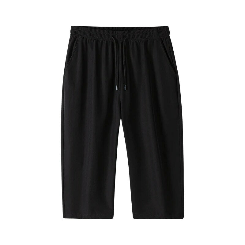 Trend Summer Solid Color Men's Clothing Ice Silk Fabric Elastic Waist Drawstring Pockets Elastic Small Feet Call Length Pants