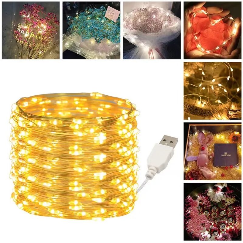 Guirxiété lumineuse LED USB étanche, fil de cuivre, nickel é, lampe de guirxiété, Noël, fête de mariage, guirxiété lumineuse de vacances, 20m, 10m